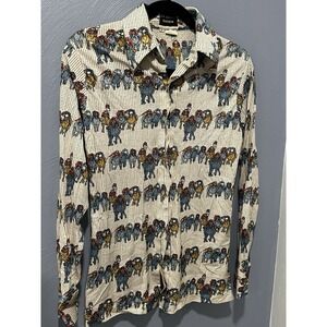 Rare! Vintage Mens Horse Race Print 70s Disco Collar Taiwan Equestrian Derby